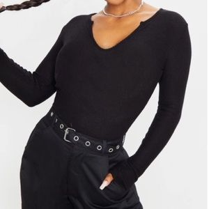 Black Brushed Rib Plunge Long Sleeve Top